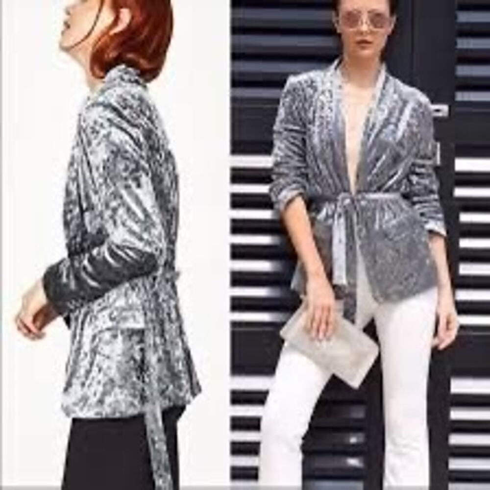 Zara Grey Blue Crushed Velvet Tie Belt Jacket Blazer Coat  Women’s Size XS EUC